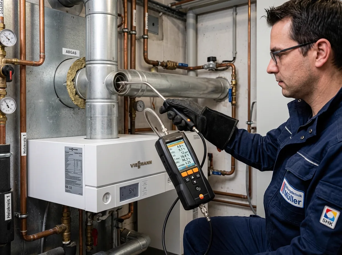 Elektronische Abgasmessung mit digitalem Analysecomputer am Abgasrohr