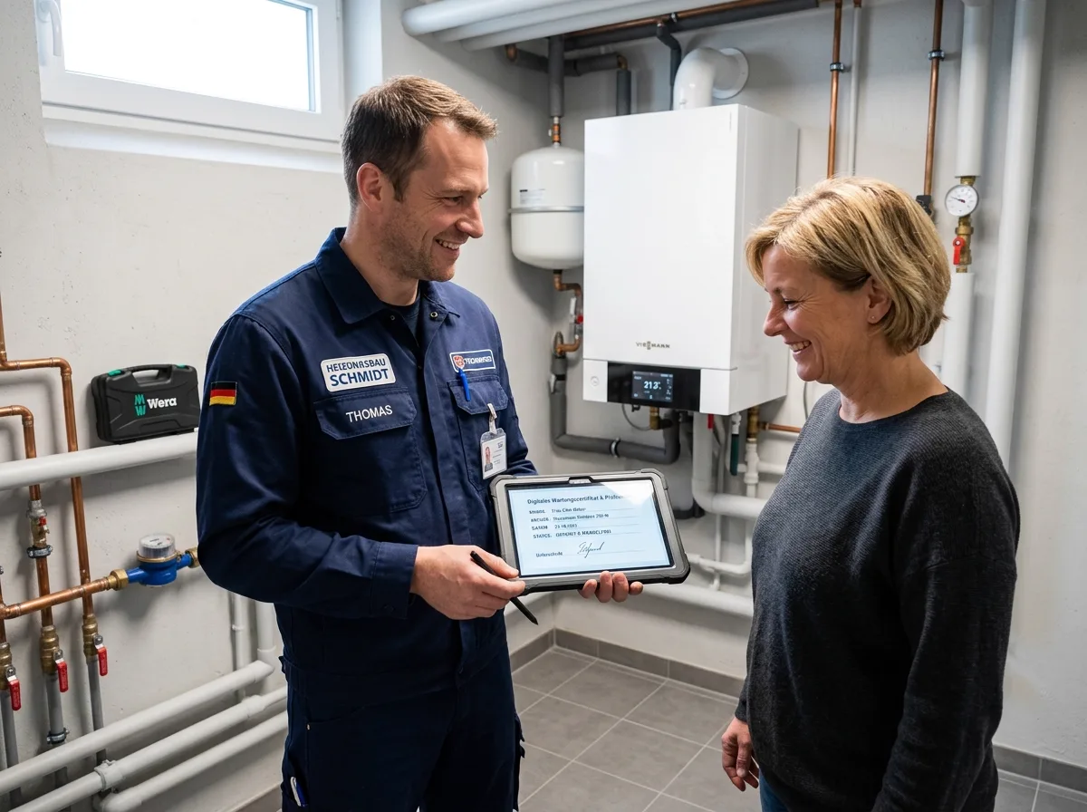 Servicetechniker übergibt digitales Wartungsprotokoll auf dem Tablet