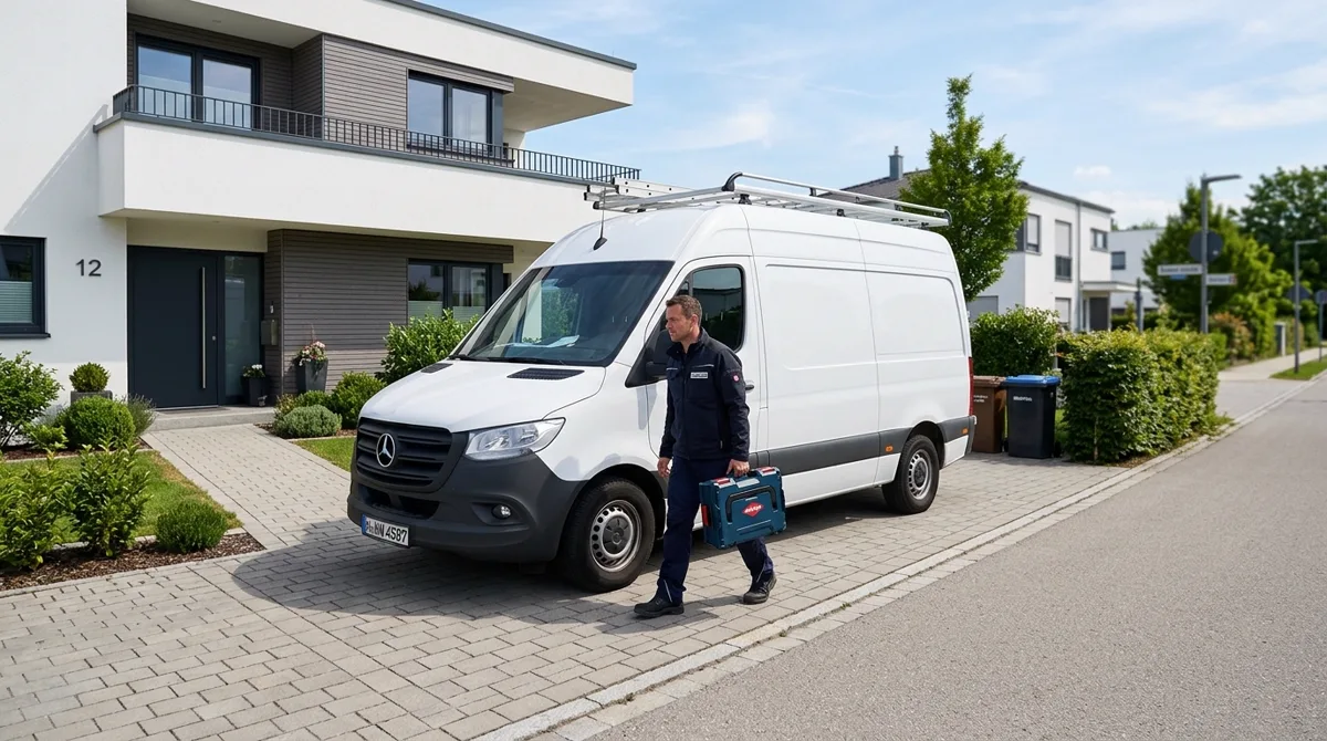 Kundendienst-Servicemobil unseres Meisterbetriebs vor einem Kundenhaus in Rhein-Ruhr & Rhein-Main