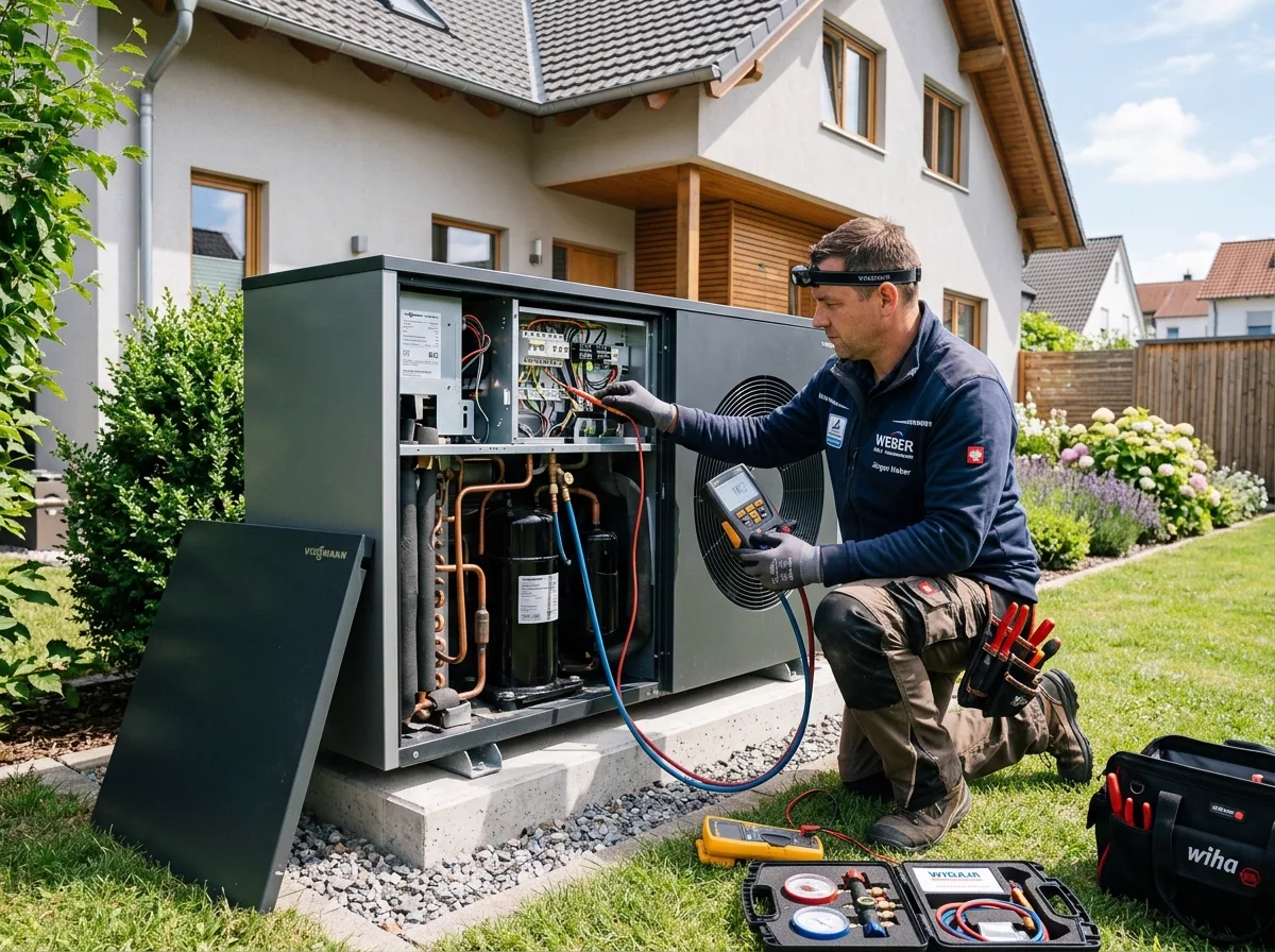 Zertifizierter Kundendiensttechniker bei der Inspektion einer Außeneinheit-Wärmepumpe